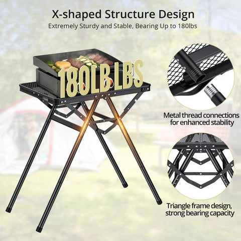 Foldable Grill Table For Camping And BBQ with X-shaped structure, 180 lb capacity, portable metal stand for outdoor use.