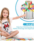 Child using Six-Compartment Spinning Acrylic Desk Organizer for Kids and Crafters, 360 Degree Lazy Susan Pen Pouch displaying art supplies.