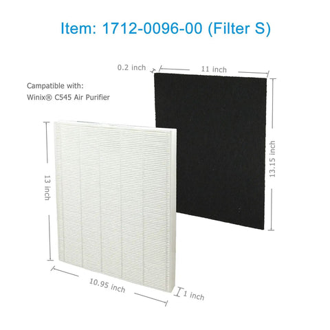 Replacement Filter S For Winix C545 Air Purifier, H13 Grade Main Filter Plus Activated Carbon, 4-Pack, dimensions shown