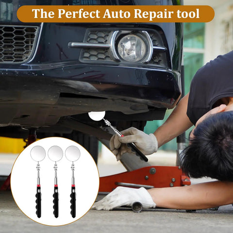 Mechanic using Six Piece Telescoping Inspection Mirror Set With Retractable Long Handles Extendable Up To 29 Inches under vehicle