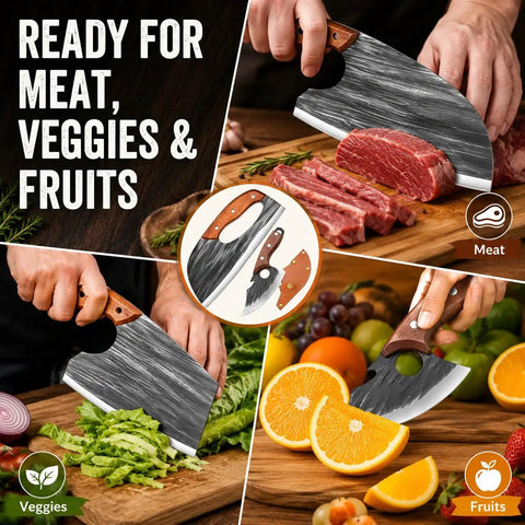 Hand Forged Cleaver And Boning Knife Set With Ergonomic Handles For Meat Veggies And Fruits, 2 Piece Kitchen Knife Set ideal for slicing