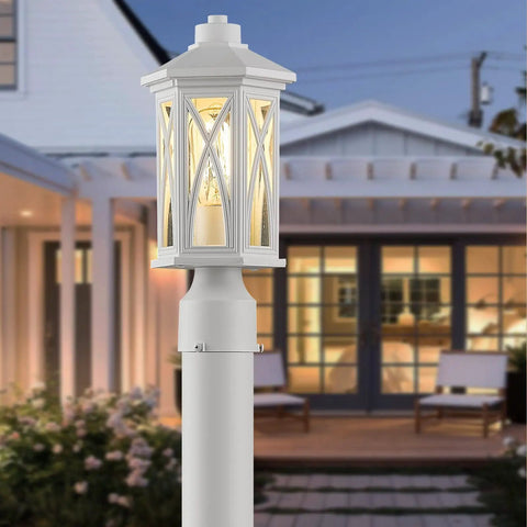 Two Pack White Outdoor Post Lights With Pier Mount Base Weatherproof Aluminum Post Lamp Fixtures Featuring Seeded Glass