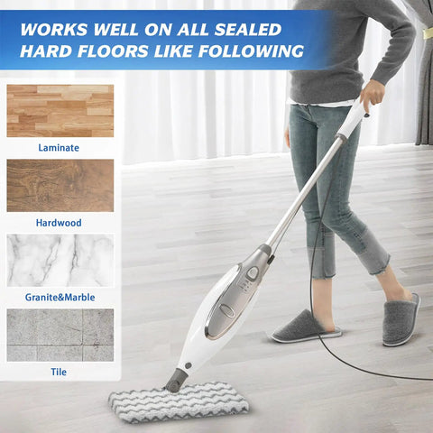 Person using steam mop with 3 Pack Steam Mop Replacement Pads With Scrub Strips on sealed hard floor, showing compatibility with various surfaces
