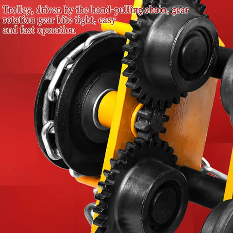 Close-up of Heavy Duty Manual Chain Trolley For Gantry Crane Hoist featuring gear mechanism and hand-pulling chain for easy use.
