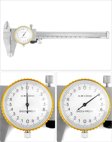 Dial Calipers 0-15 Cm with 0.02 mm Graduation, Stainless Steel Shockproof Vernier Caliper with Anti Glare Dial, Closeup View