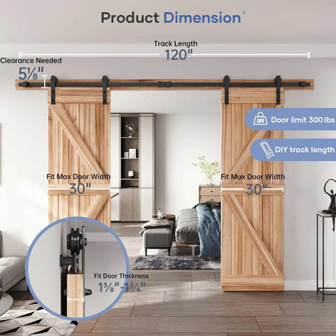10 Ft Double Door Sliding Barn Door Hardware Track Kit With Straight Pulley, Heavy Duty Steel Rail, installed in living room