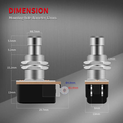 Technical diagram of 13 Piece SPST Momentary Soft Touch Foot Switch for Guitar Effects Pedals detailing dimensions.