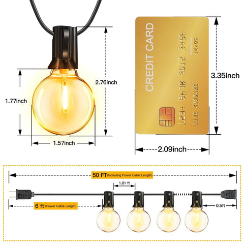 Weatherproof 50Ft Outdoor String Lights With 25 Edison Bulbs And 2 Spare LEDs, IP45 Waterproof and Shatterproof dimensions
