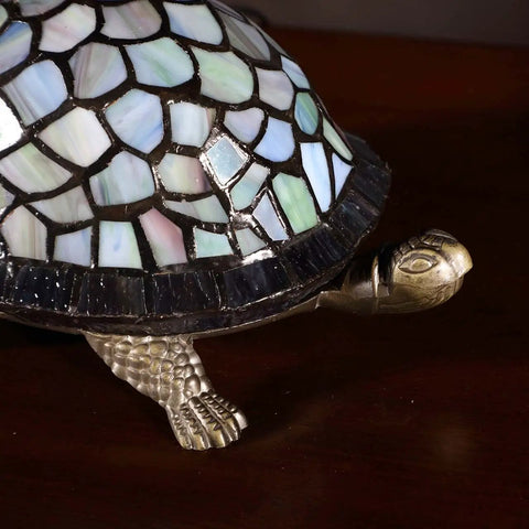 Blue Tiffany Style Stained Glass Accent Table Lamp Night Light For Bedroom And Living Room, turtle base detail