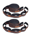 Heavy Duty Polyester Hammock Tree Straps With Five Load Bearing Knots And Metal Buckles Includes Two Bright Orange Ropes Adjustable Portable Outdoor Camping Hammock Accessories For Easy Setup And Safe Suspension Ready To Hang shown in rolled position with visible orange stitching. Features black polyester material and multiple loops, designed for outdoor camping and safe hammock suspension. The image showcases two identical straps side by side.