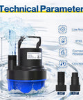 Half Horsepower Submersible Water Pump 2200 GPH Portable Sump Pump For Pool Draining Basements Fountains Hot Tubs Gardens With 25 Ft Power Cord Sky Blue on technical display with specifications