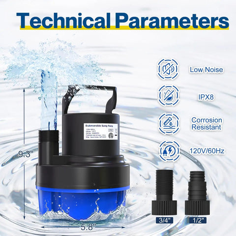 Half Horsepower Submersible Water Pump 2200 GPH Portable Sump Pump For Pool Draining Basements Fountains Hot Tubs Gardens With 25 Ft Power Cord Sky Blue on technical display with specifications