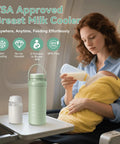 Portable Breast Milk Cooler With 24 Hour 360 Chill Technology 22 Oz No Ice Pack Nursing Bottle on airplane tray with mom feeding baby.