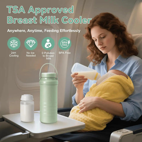 Portable Breast Milk Cooler With 24 Hour 360 Chill Technology 22 Oz No Ice Pack Nursing Bottle on airplane tray with mom feeding baby.