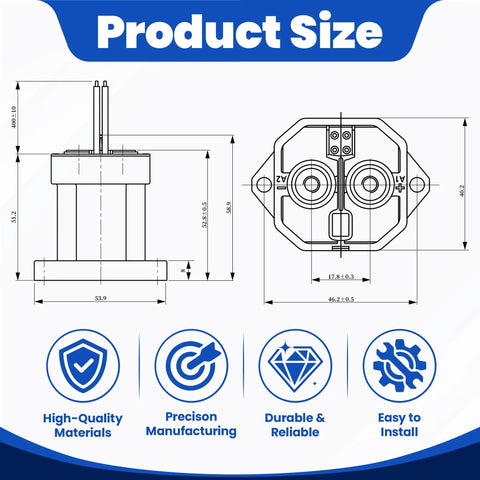 Product size diagram of Rock Solid Heavy Duty High Voltage Direct Current Contactor 1000VDC 100 Ampere SPST Normally Open Switch.