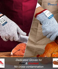 Food Grade Cut Resistant Gloves Level 5 Safety For Oyster Shucking Fish Fillet Processing mandolin slicing meat cutting and wood carving with high dexterity kitchen grip shown handling raw and cooked meat.