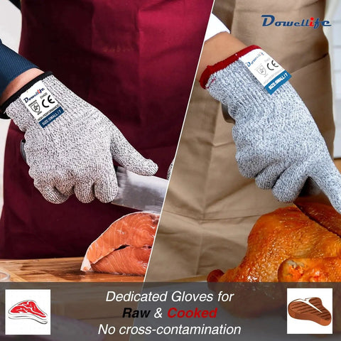 Food Grade Cut Resistant Gloves Level 5 Safety For Oyster Shucking Fish Fillet Processing mandolin slicing meat cutting and wood carving with high dexterity kitchen grip shown handling raw and cooked meat.