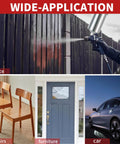 Built Tough HVLP Gravity Feed Spray Paint Gun With Swap Out Nozzle Pack And Easy Turn Air Regulator used on fence, furniture, and cars.