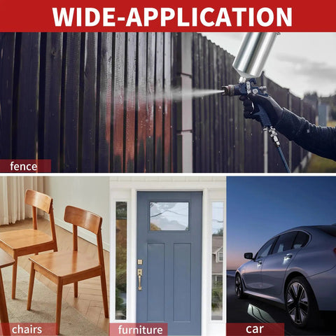 Built Tough HVLP Gravity Feed Spray Paint Gun With Swap Out Nozzle Pack And Easy Turn Air Regulator used on fence, furniture, and cars.