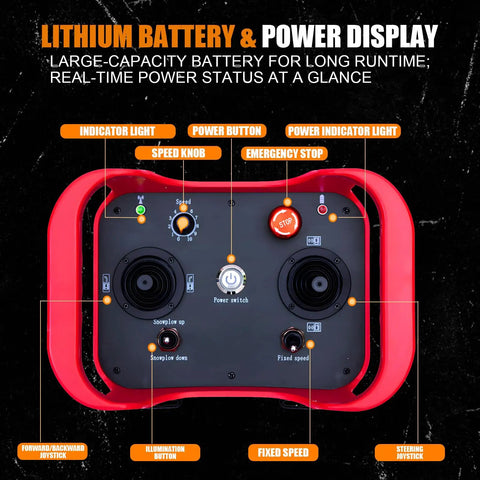 Heavy Duty Electric Machinery Skate Dolly Wireless Remote Control panel showing speed knob, power switch, and joysticks.