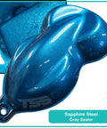 Sapphire steel gray sealer sample showing rich blue metallic finish. Top Shelf Automotive Basecoat In Rich Sapphire Steel Blue Metallic Shade One Full Gallon Gun Ready Mix With Slow Reducer For Buttery Smooth Application And Showroom Grade Hot Finish.