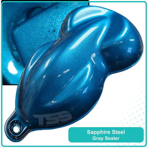 Sapphire steel gray sealer sample showing rich blue metallic finish. Top Shelf Automotive Basecoat In Rich Sapphire Steel Blue Metallic Shade One Full Gallon Gun Ready Mix With Slow Reducer For Buttery Smooth Application And Showroom Grade Hot Finish.