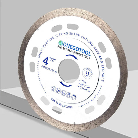 Side view of Ultra Thin Four And A Half Inch Tile Cutter Diamond Saw Blades Set For Angle Grinder Indestructible Disc For Cutting Porcelain Ceramic Granite Marble Three Pack With Smooth Clean Cuts And Long Lasting Durability showing blade edges.