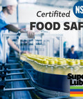 Bottling process inside a factory with a focus on NSF Certified food safety in an industrial setting.