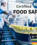 Super Lube brand logo and NSF Food Safe badge over a food processing conveyor line.