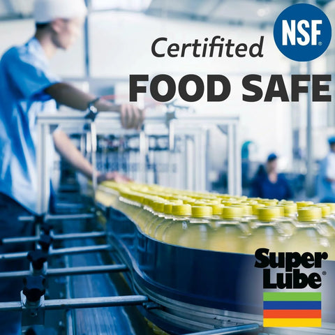 Silicone lubricating grease with PTFE (Super Lube) - front view with NSF Food Safe logo on a production line