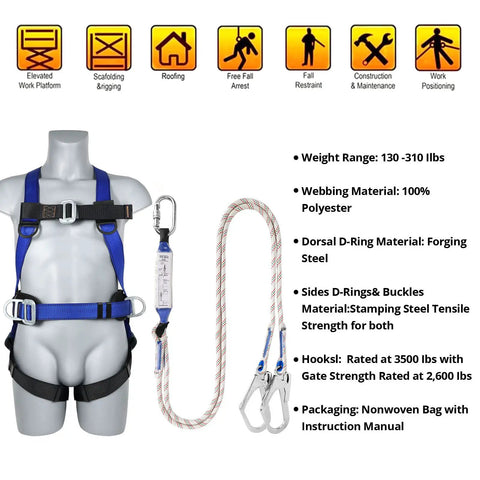 Fall Protection Safety Harness Kit For Roofing, full body harness with shock absorbing lanyard and waist pad, construction use