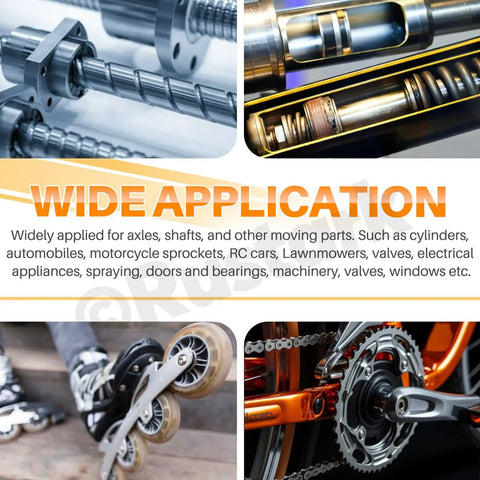 Beefy 266-Piece External Snap Rings Set Black Alloy Steel With Tweezers, 21 sizes shown in various machinery applications.