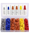 Front view of insulated wire connectors in a plastic storage box; 180 pieces in gray, blue, orange, yellow, and red