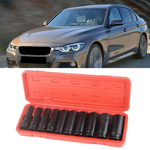 Rock Solid 10pc Deep Impact Socket Set For Cars And Gear Heads, Made From Top Tier Chrome Vanadium Steel Tough As Nails For Quick Repairs On Any Vehicle Or Heavy Duty Job At The Shop, red case