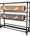 Heavy Duty Rock Solid Fabric Roll Storage Rack With Adjustable Hanging Rod For Hassle Free Mobile Sample Organizer Of Vinyl Leather And Wallpaper Displays with two fabric rolls.