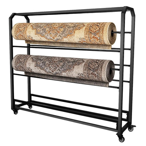 Heavy Duty Rock Solid Fabric Roll Storage Rack With Adjustable Hanging Rod For Hassle Free Mobile Sample Organizer Of Vinyl Leather And Wallpaper Displays with two fabric rolls.