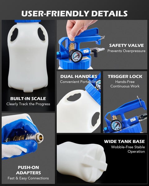 Image of Oil Extractor Pump And Dispenser Kit 6L Pneumatic Bleeder Set with built-in scale, dual handles, trigger lock, and safety valve.