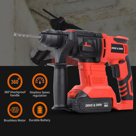Beast 18V SDS Plus Rotary Hammer Drill With Brushless Motor, 2.5J Impact Energy, 0-1050 RPM, 4800 BPM, red-black cordless design