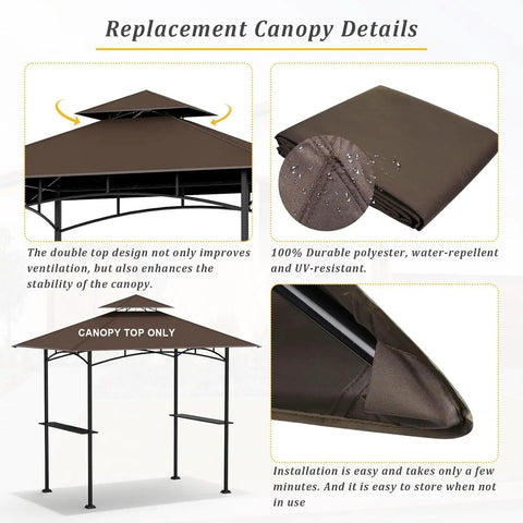 5X8 Replacement Canopy For Grill Gazebo Double Tiered All Weather No Sweat Easy Fit Outdoor BBQ Shelter Roof Cover Brown Weatherproof Polyester With UV Guard And Water Repellent Shield For Model LGG001PSTF. Multiple views showing canopy details including fabric and installation.