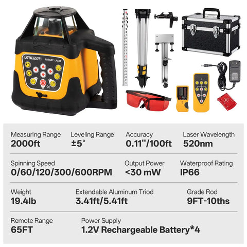 Heavy Duty Self Leveling Rotary Laser With 2000 Ft Range And Built Like A Tank IP66 Waterproof Rating with tripod and accessories.