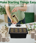 Person using watering can with 4 Pack Seed Starter Tray Kit With 50 Peat Pellets, 48 Cell Black Seedling Trays, Humidity Lids And Dome