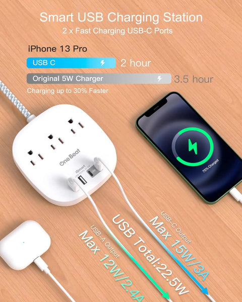 Ultra Flat 6 Foot Power Strip With 3 Outlets 4 USB Ports 2 USB C Desktop Charging Station For Dorm Room Cruise Ship And Travel Lets You Charge Up To Seven Devices On The Go with phone and cables.