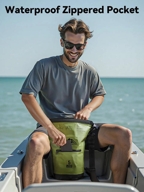 Man holding Lightweight Waterproof Dry Bag With Front Zip Pocket 10L Roll Top Closure Keeps Your Gear Dry For Travel Kayaking Boating Rafting Camping Hiking And Beach Days Green on a boat
