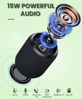 15W Portable Bluetooth Speaker With Dual True Wireless Stereo For Party Vibe, showing speaker components and features text.