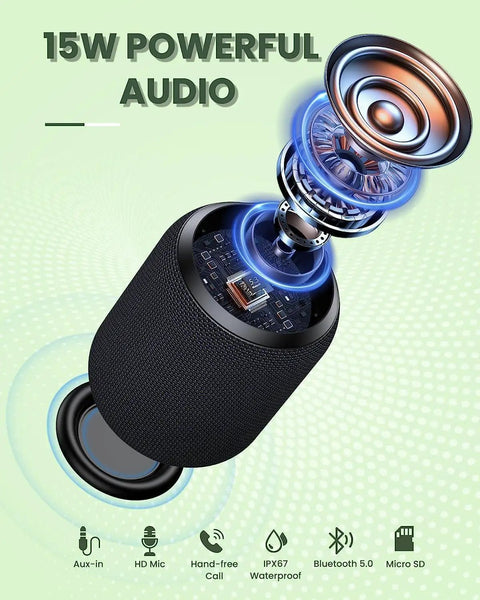 15W Portable Bluetooth Speaker With Dual True Wireless Stereo For Party Vibe, showing speaker components and features text.