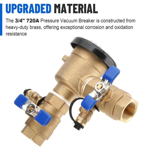 Brass 3/4-inch pressure vacuum breaker assembly with blue lever valves for lawn irrigation systems