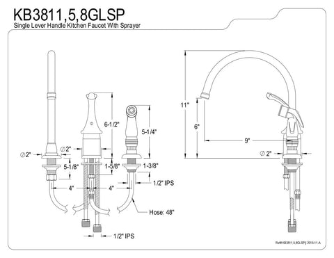 Georgian Style Kitchen Faucet With Sprayer, technical drawing showing dimensions, 8.75 Inch Gooseneck, Oil Rubbed Bronze, Brass Construction.