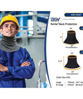 Genuine Kevlar Welding Neck Guard Built Tough As Nails For Daily Job Site Grind Cut Heat and Flame Resistant Armor with size chart.