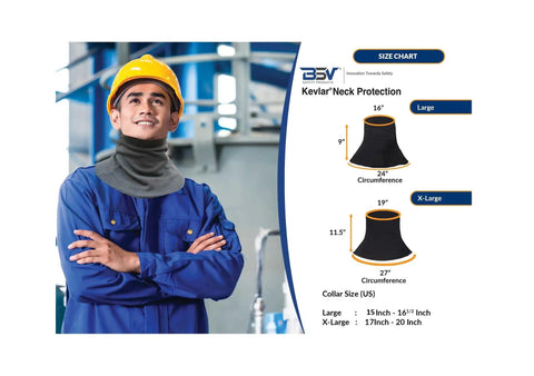 Genuine Kevlar Welding Neck Guard Built Tough As Nails For Daily Job Site Grind Cut Heat and Flame Resistant Armor with size chart.