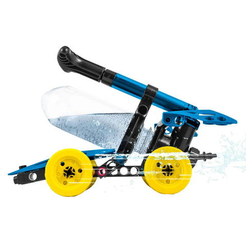 Water Power STEM Kit For Kids Hands On Build Rocket Propelled Cars And Jet Boats Explore Air And Water Physics Pneumatics Action Reaction Six Models Full Color Manual And Experiment Guide showing a blue and yellow rocket car model with water propulsion.